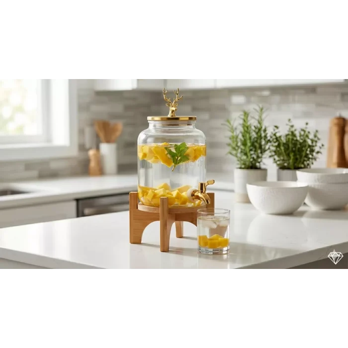 Mey İthalat® Geyik Figürlü Gold Lüks Cam İçecek Sebili - 3.6 Litre Bambu Standlı Meyve Suyu Kovası