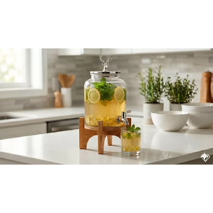 Mey İthalat® Geyik Figürlü Gümüş Lüks Cam İçecek Sebili - 3.6 Litre Bambu Standlı Meyve Suyu Kovası