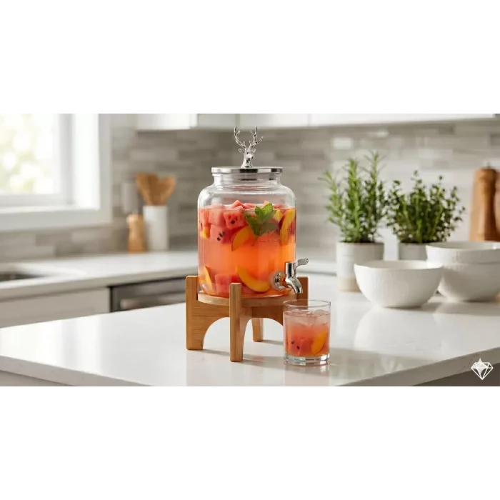 Mey İthalat® Geyik Figürlü Gümüş Lüks Cam İçecek Sebili - 3.6 Litre Bambu Standlı Meyve Suyu Kovası