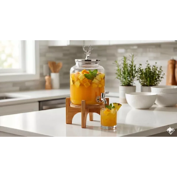 Mey İthalat® Geyik Figürlü Gümüş Lüks Cam İçecek Sebili - 3.6 Litre Bambu Standlı Meyve Suyu Kovası