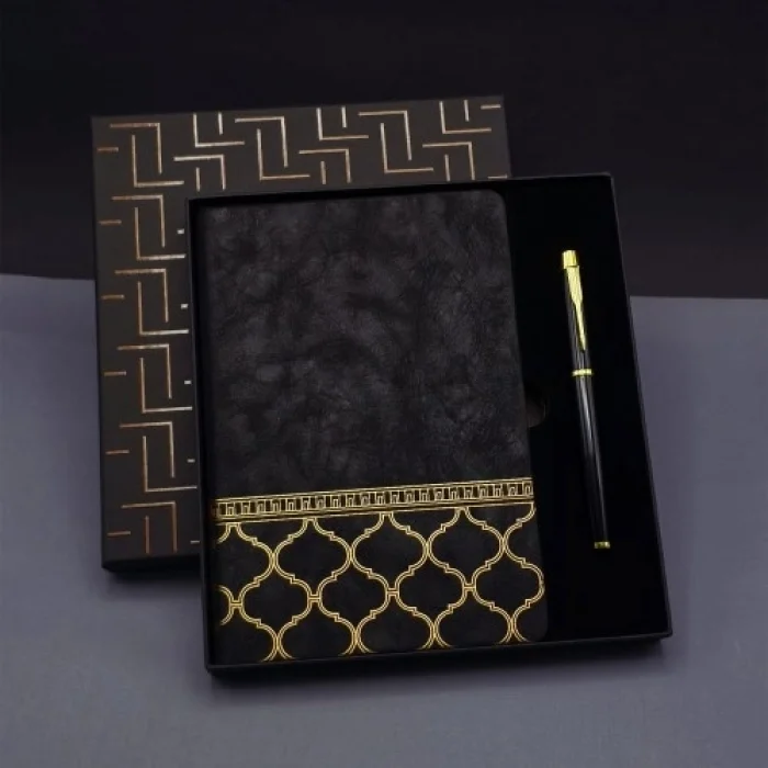 Mey İthalat®  Gold Desen Siyah Deri Defter Kalem Set