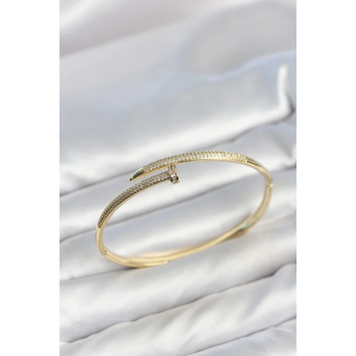Mey İthalat® Gold Renk Çivi Model Zirkon Taşlı Kadın Kelepçe Bileklik