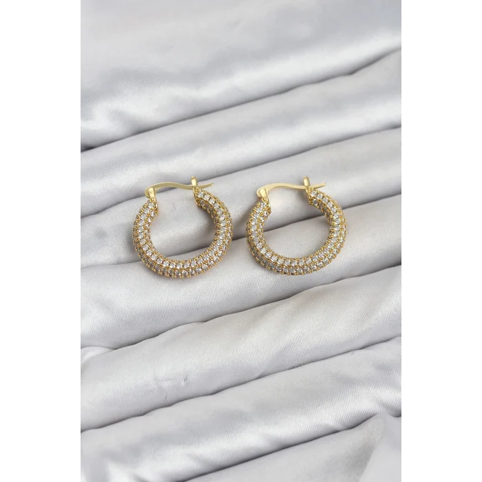 Mey İthalat® Gold Renk Full Zirkon Taşlı Halka Kadın Küpe