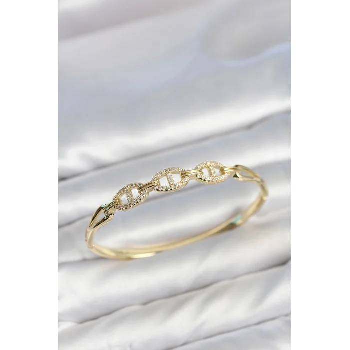Mey İthalat® Gold Renk Gemi Zinciri Model Zirkon Taşlı Kadın Kelepçe Bileklik