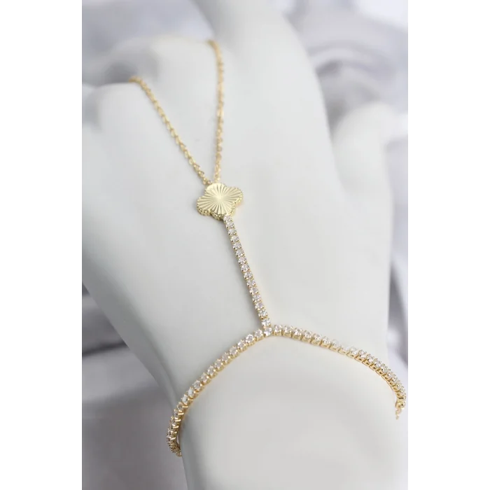 Mey İthalat® Gold Renk Pirinç Lazerli Yonca Model Zirkon Taşlı Şahmeran
