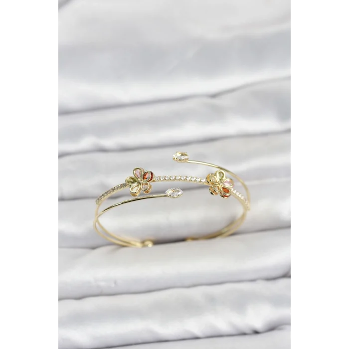Mey İthalat® Gold Renk Pirinç Zirkon Taşlı Çiçek Model Kadın Bileklik
