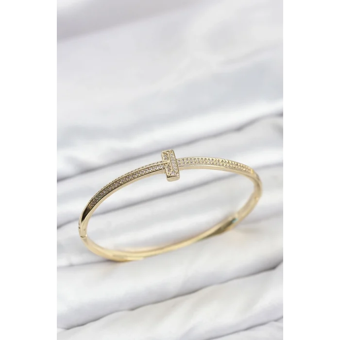 Mey İthalat® Gold Renk T Model Zirkon Taşlı Kadın Kelepçe Bileklik