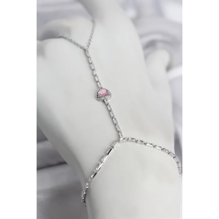 Mey İthalat® Gümüş Renk Pirinç Zirkon Taşlı Pembe Kalp Model Şahmeran