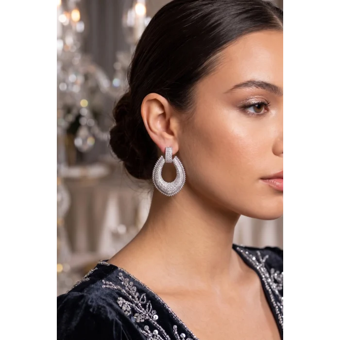 Mey İthalat® Gümüş Renk Zirkon Taşlı Damla Halka Model Kadın Abiye Küpe