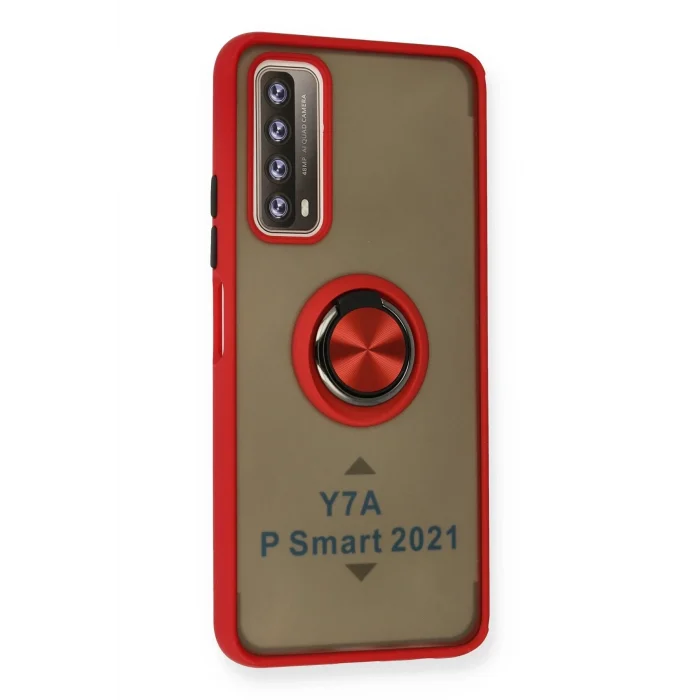 Mey İthalat®  Huawei P Smart 2021 Kılıf Montreal Yüzüklü Silikon Kapak - Kırmızı