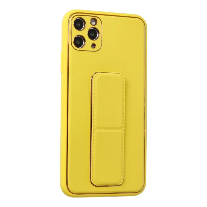 Mey İthalat®   iPhone 11 Pro Max Kılıf Coco Deri Standlı Kapak - Sarı