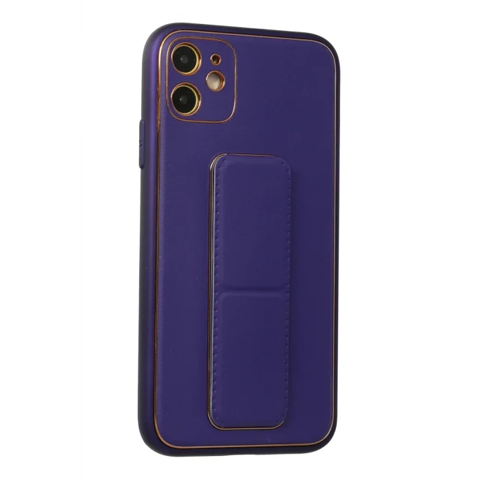 Mey İthalat®   iPhone 12 Kılıf Coco Deri Standlı Kapak - Mor