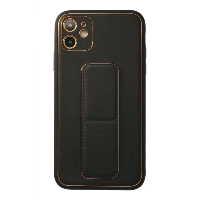 Mey İthalat®   iPhone 12 Kılıf Coco Deri Standlı Kapak - Siyah