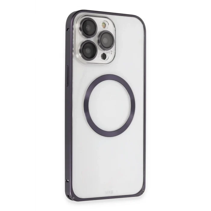 Mey İthalat®   iPhone 14 Pro Kılıf Metal Bumper Magneticsafe Kapak - Derin Mor