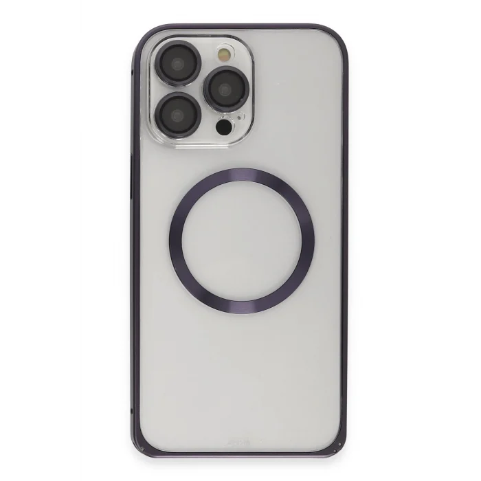 Mey İthalat®   iPhone 14 Pro Kılıf Metal Bumper Magneticsafe Kapak - Derin Mor
