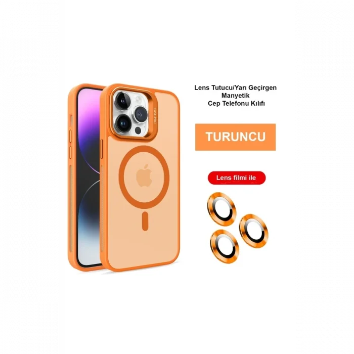 Mey İthalat®   iPhone 14 Pro Max Kılıf Flet Lens Magsafe Kapak - Turuncu