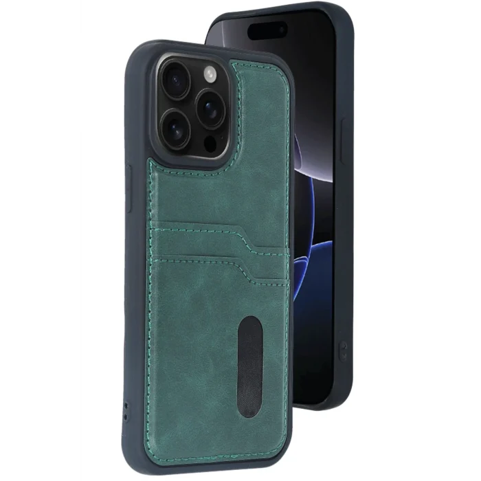 Mey İthalat®   iPhone 14 Pro Max Kılıf Sara Kartvizitli Deri Kılıf - Koyu Yeşil
