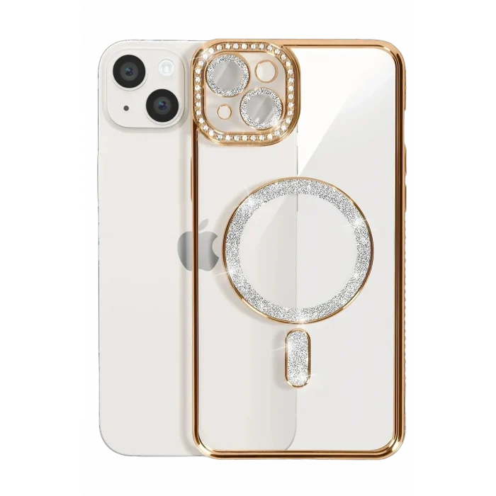 Mey İthalat®   iPhone 15 Kılıf Joke Simli Magneticsafe Kılıf - Gold