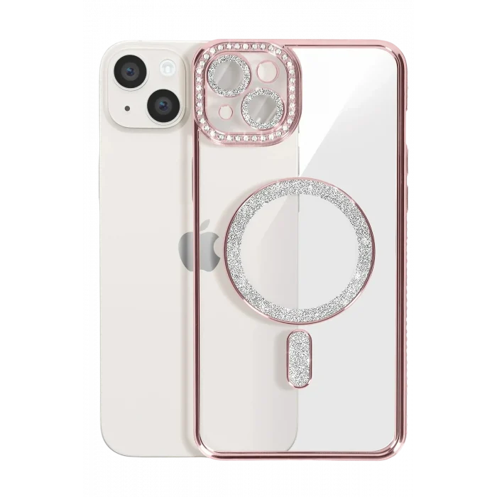 Mey İthalat®   iPhone 15 Kılıf Joke Simli Magneticsafe Kılıf - Pembe