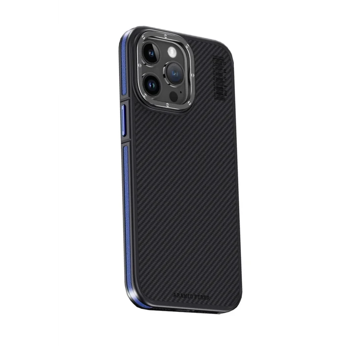 Mey İthalat®   iPhone 15 Pro Kılıf Aramid 600D Kevlar Karbon Fiber Magsafe Kapak - Lacivert