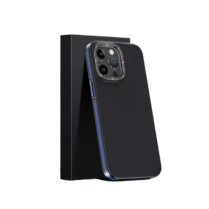 Mey İthalat®   iPhone 15 Pro Kılıf Aramid 600D Kevlar Karbon Fiber Magsafe Kapak - Lacivert