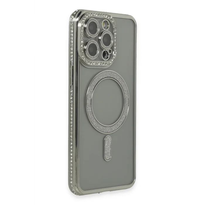 Mey İthalat®   iPhone 15 Pro Kılıf Joke Simli Magneticsafe Kılıf - Gri