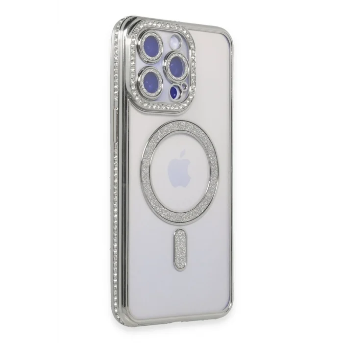 Mey İthalat®   iPhone 15 Pro Kılıf Joke Simli Magneticsafe Kılıf - Gümüş