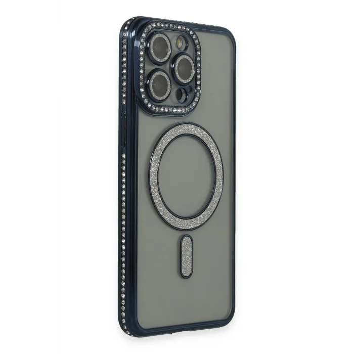 Mey İthalat®   iPhone 15 Pro Kılıf Joke Simli Magneticsafe Kılıf - Lacivert
