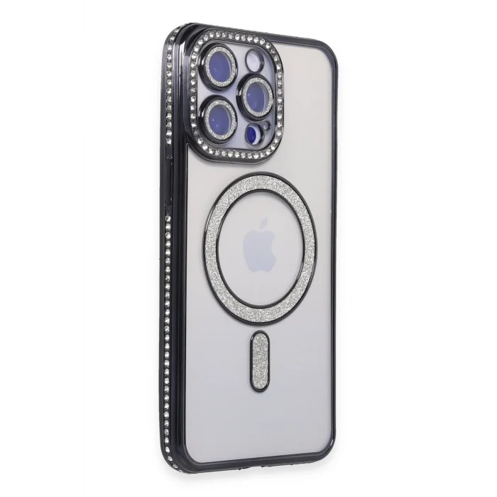 Mey İthalat®   iPhone 15 Pro Kılıf Joke Simli Magneticsafe Kılıf - Siyah