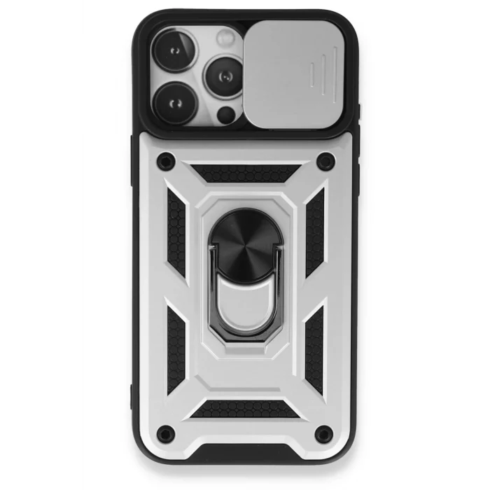 Mey İthalat®   iPhone 15 Pro Kılıf Pars Lens Yüzüklü Silikon - Gümüş