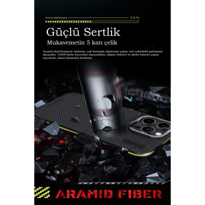 Mey İthalat®   iPhone 15 Pro Max Kılıf Aramid 600D Kevlar Karbon Fiber Magsafe Kapak - Gri