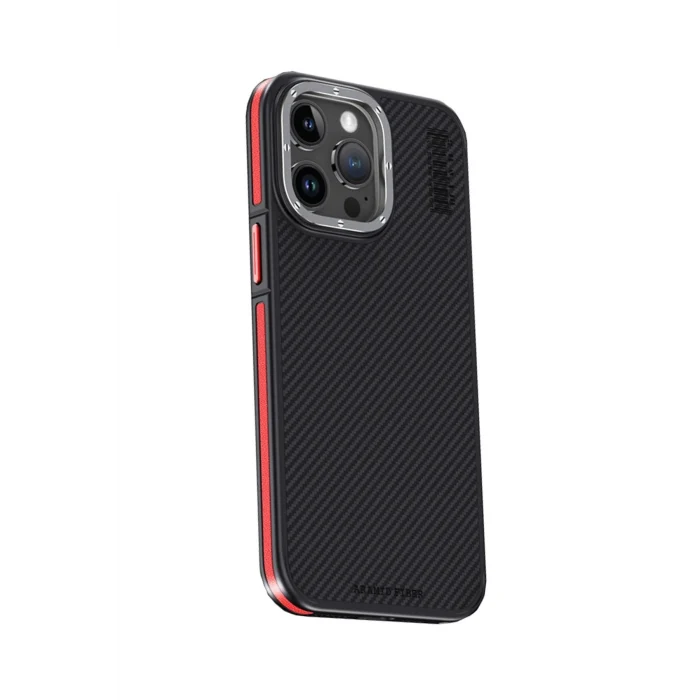 Mey İthalat®   iPhone 15 Pro Max Kılıf Aramid 600D Kevlar Karbon Fiber Magsafe Kapak - Kırmızı
