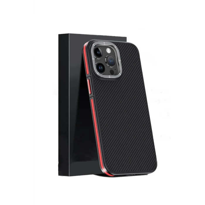 Mey İthalat®   iPhone 15 Pro Max Kılıf Aramid 600D Kevlar Karbon Fiber Magsafe Kapak - Kırmızı