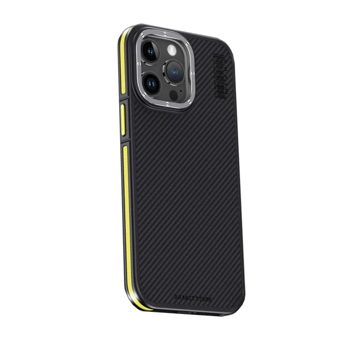 Mey İthalat®   iPhone 15 Pro Max Kılıf Aramid 600D Kevlar Karbon Fiber Magsafe Kapak - Sarı