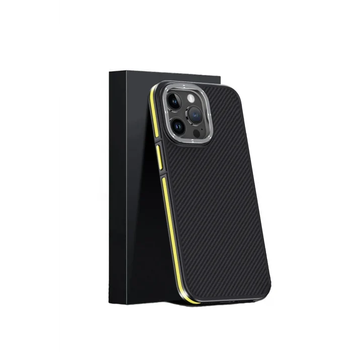 Mey İthalat®   iPhone 15 Pro Max Kılıf Aramid 600D Kevlar Karbon Fiber Magsafe Kapak - Sarı
