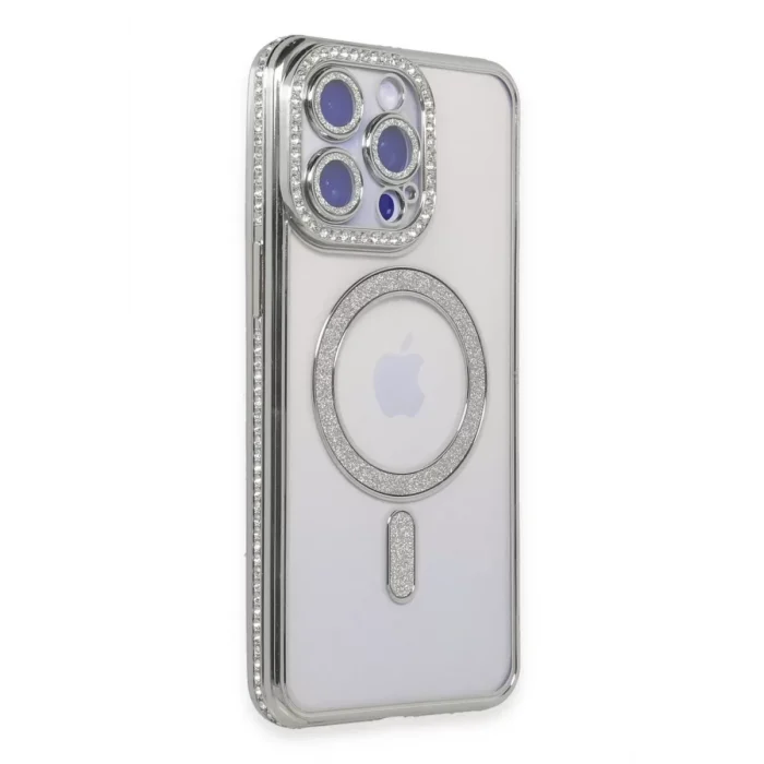 Mey İthalat®   iPhone 15 Pro Max Kılıf Joke Simli Magneticsafe Kılıf - Gümüş