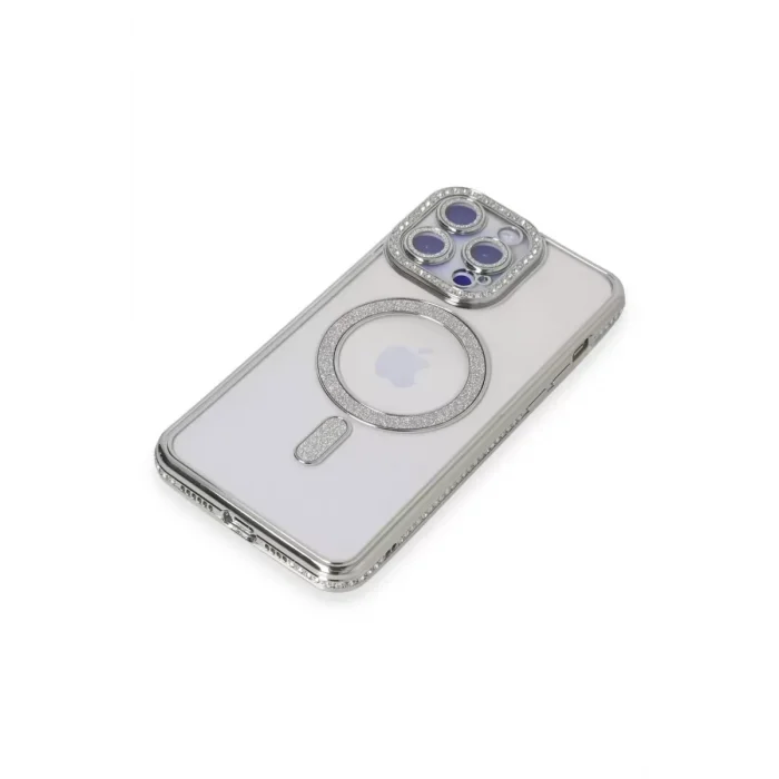 Mey İthalat®   iPhone 15 Pro Max Kılıf Joke Simli Magneticsafe Kılıf - Gümüş