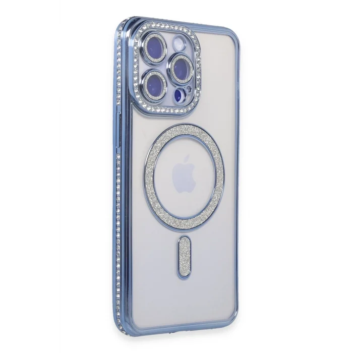 Mey İthalat®   iPhone 15 Pro Max Kılıf Joke Simli Magneticsafe Kılıf - Mavi