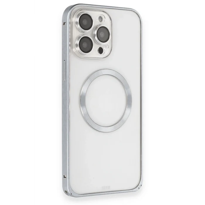 Mey İthalat®   iPhone 15 Pro Max Kılıf Metal Bumper Magneticsafe Kapak - Gri