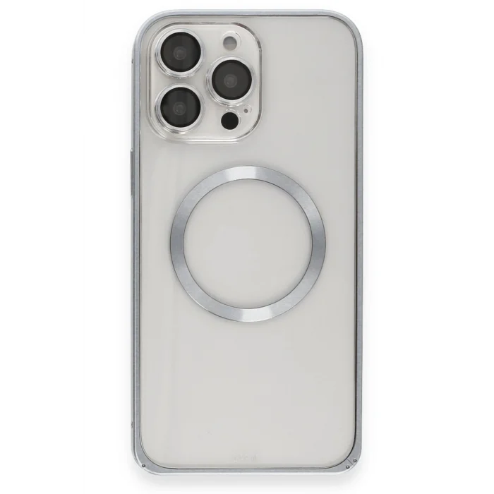 Mey İthalat®   iPhone 15 Pro Max Kılıf Metal Bumper Magneticsafe Kapak - Gri
