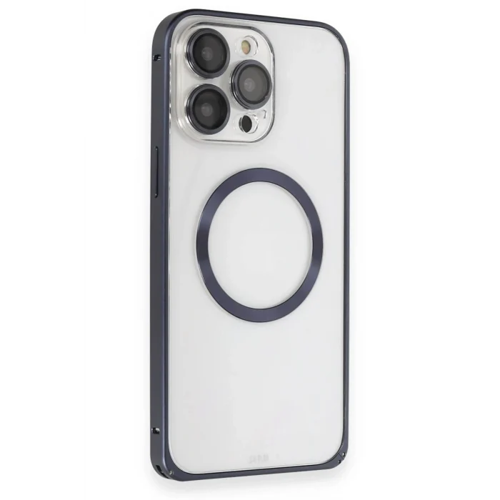 Mey İthalat®   iPhone 15 Pro Max Kılıf Metal Bumper Magneticsafe Kapak - Lacivert