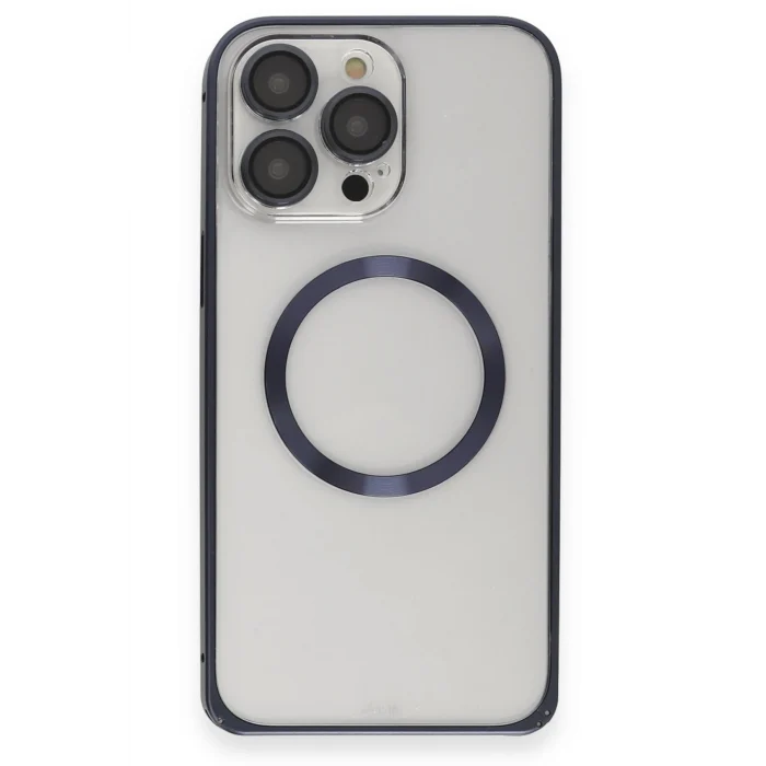 Mey İthalat®   iPhone 15 Pro Max Kılıf Metal Bumper Magneticsafe Kapak - Lacivert