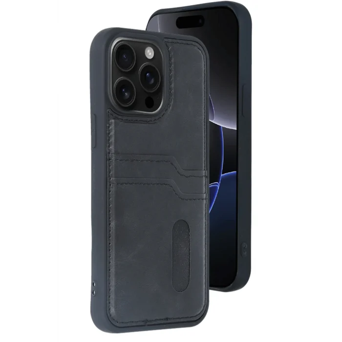 Mey İthalat®   iPhone 15 Pro Max Kılıf Sara Kartvizitli Deri Kılıf - Siyah