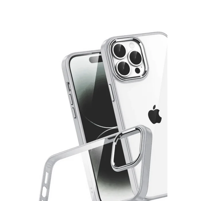 Mey İthalat®   iPhone 15 Pro Max  Lensli Silikon - Gümüş