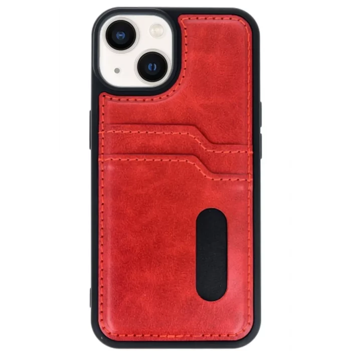 Mey İthalat®   iPhone 15 Sara Kartvizitli Deri Kılıf - Kırmızı