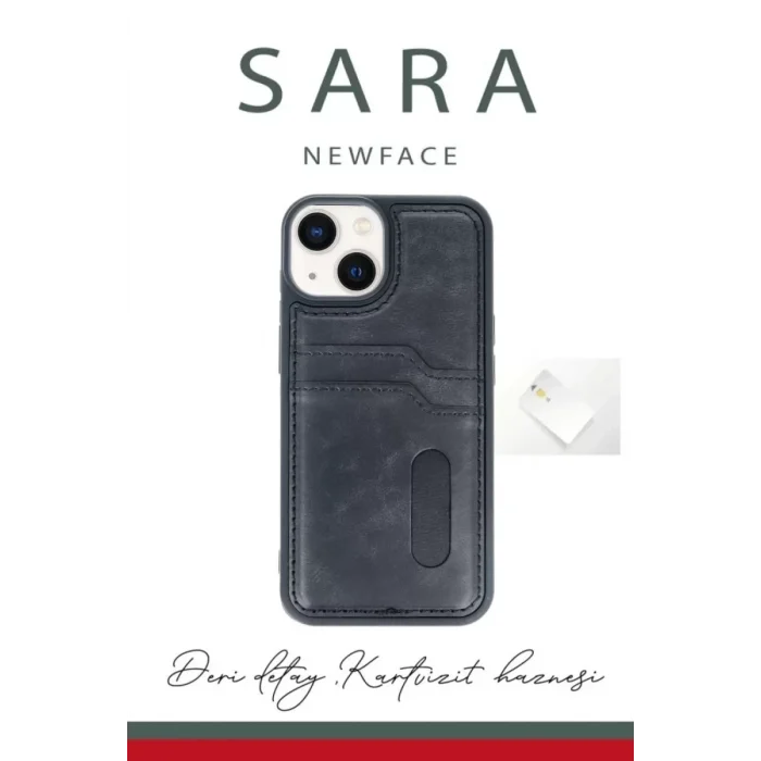 Mey İthalat®   iPhone 15 Sara Kartvizitli Deri Kılıf - Lacivert
