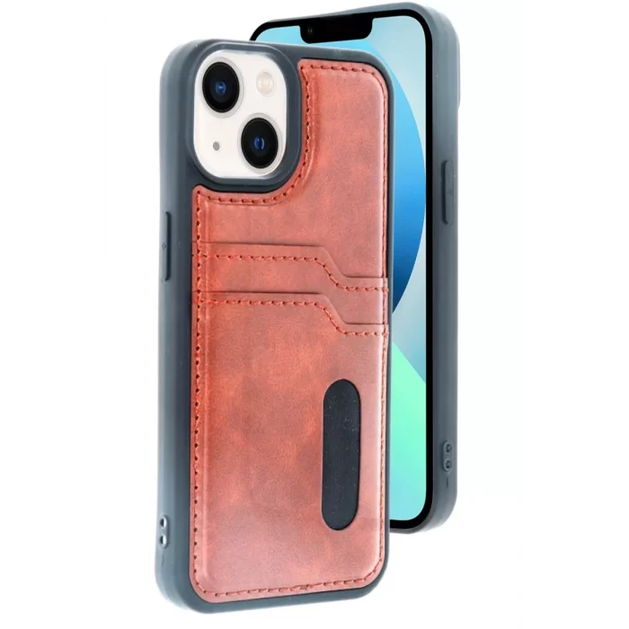 Mey İthalat®   iPhone 15 Sara Kartvizitli Deri Kılıf - Taba