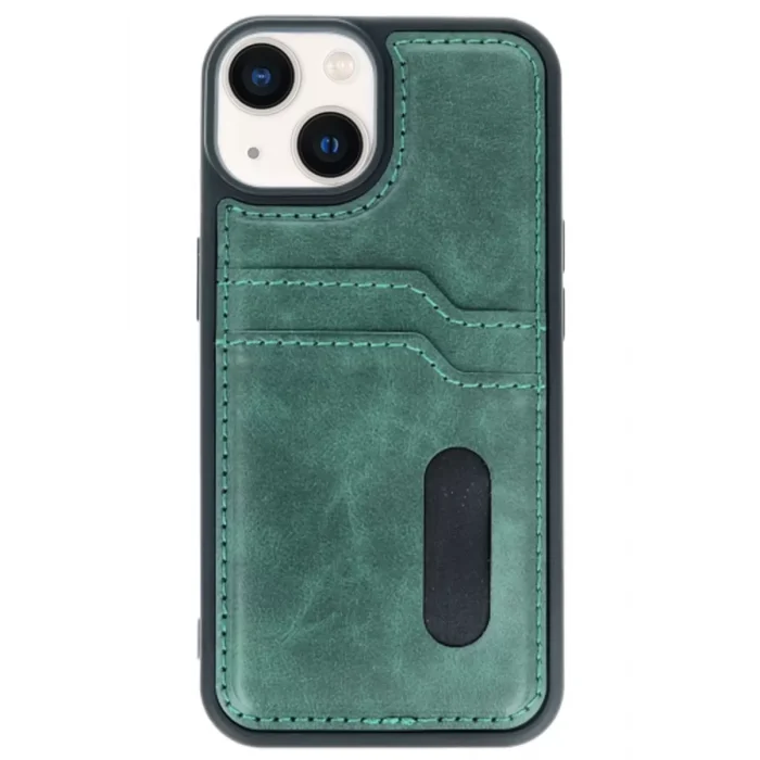 Mey İthalat®   iPhone 15 Sara Kartvizitli Deri Kılıf - Yeşil