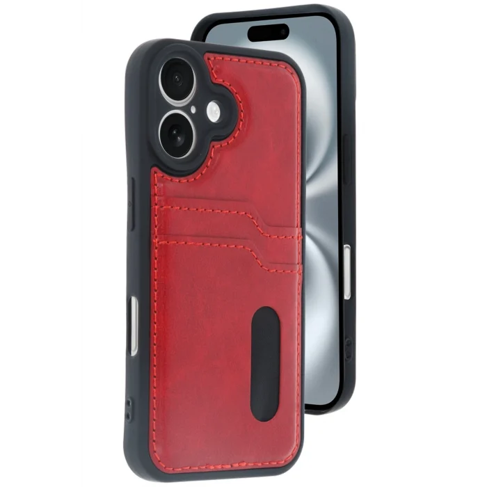 Mey İthalat®   iPhone 16 Kılıf Sara Kartvizitli Deri Kılıf - Kırmızı