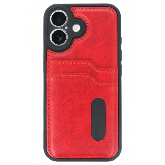 Mey İthalat®   iPhone 16 Kılıf Sara Kartvizitli Deri Kılıf - Kırmızı